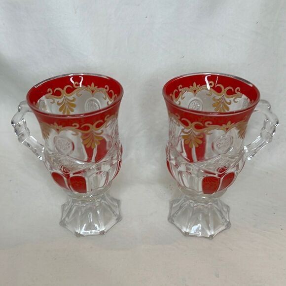 Bohemian Pressed Glass Mug 6 Oz 5 In Tall 2 3/4 In Round Red Gold Set Of 2 - Picture 1 of 9
